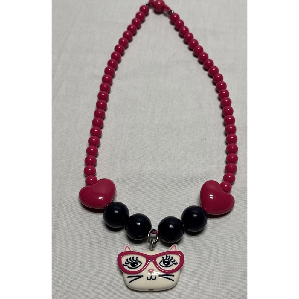 Gymboree Charm Kitty Beaded Necklace Pink Black White